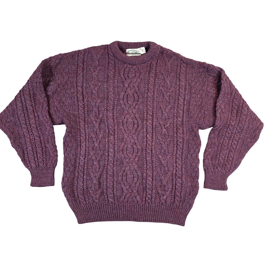 Aran Crafts Ireland Mens XL Wool Cable Knit Fisherman Sweater Purple Burgundy